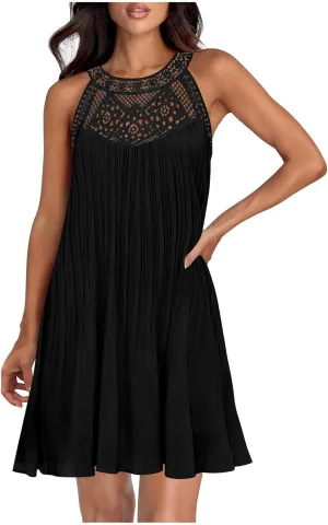 Lace Hollow Out Halter Dress Women's Summer Boho Beach Vacation Sundress Solid Loose Fit Casual A Line Flowy Dresses
