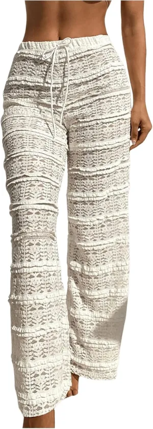MakeMeChic Women's Lace Sheer Frill Swimwear Cover Up Pants Wide Leg Drawstring Beach Pants
