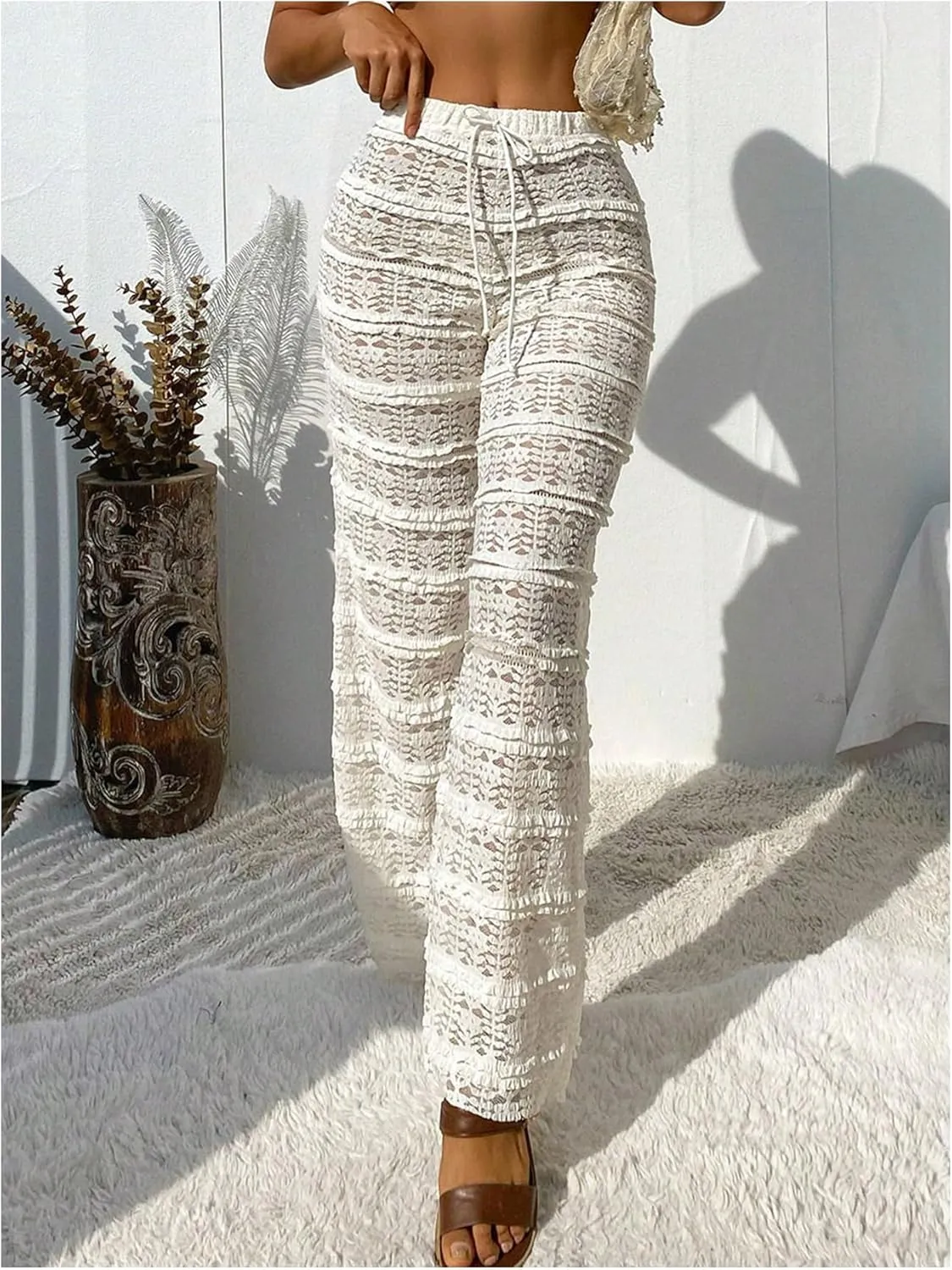 MakeMeChic Women's Lace Sheer Frill Swimwear Cover Up Pants Wide Leg Drawstring Beach Pants