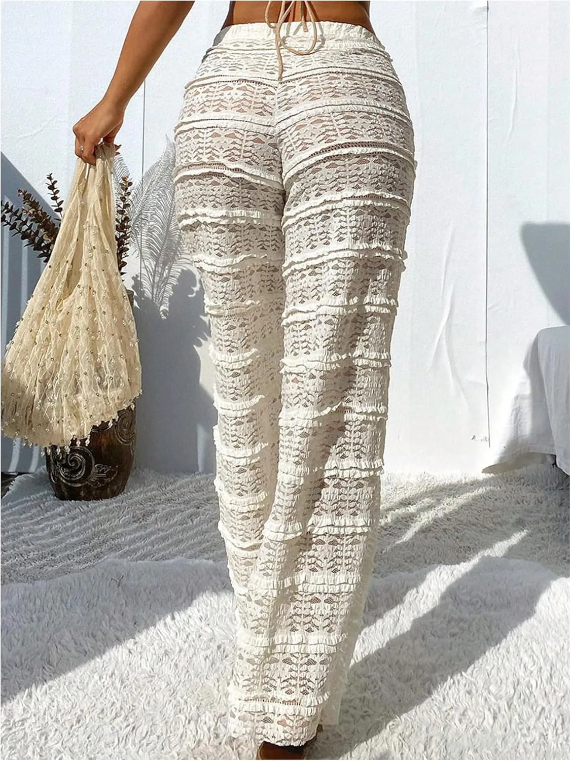 MakeMeChic Women's Lace Sheer Frill Swimwear Cover Up Pants Wide Leg Drawstring Beach Pants