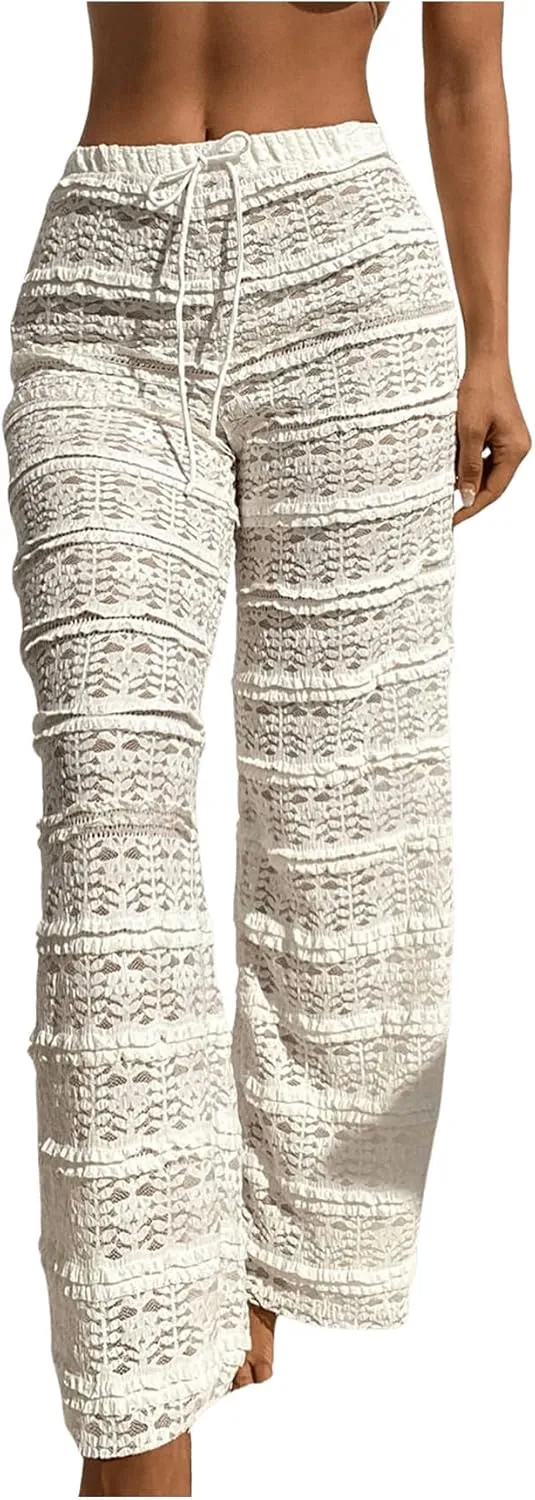 MakeMeChic Women's Lace Sheer Frill Swimwear Cover Up Pants Wide Leg Drawstring Beach Pants