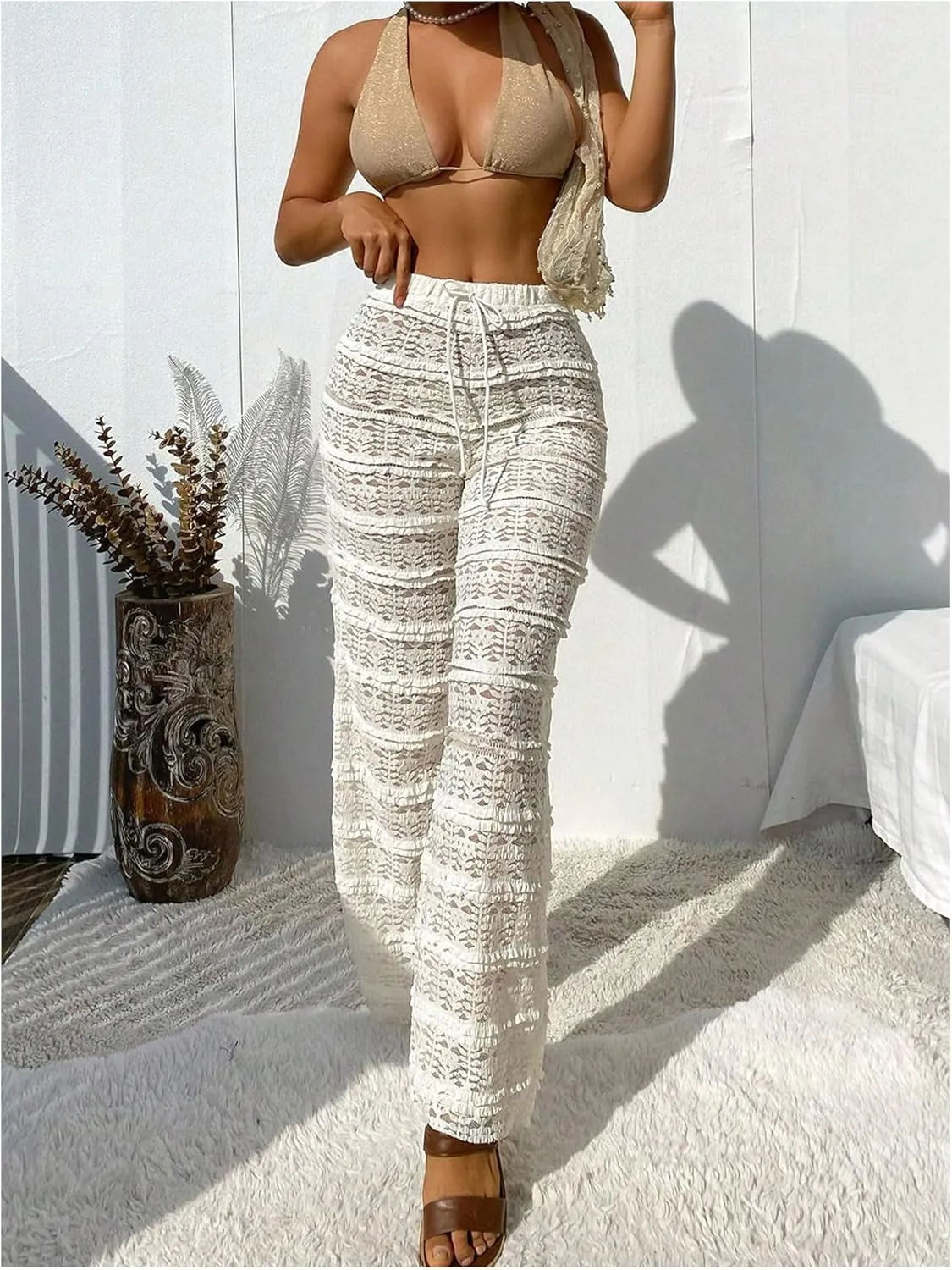 MakeMeChic Women's Lace Sheer Frill Swimwear Cover Up Pants Wide Leg Drawstring Beach Pants