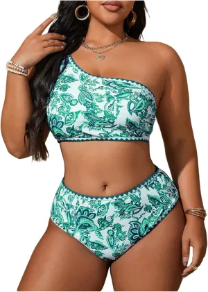 MakeMeChic Women's Plus Size 2 Piece Bikini Sets Floral Print One Shoulder High Waist Swimsuit Bathing Suit