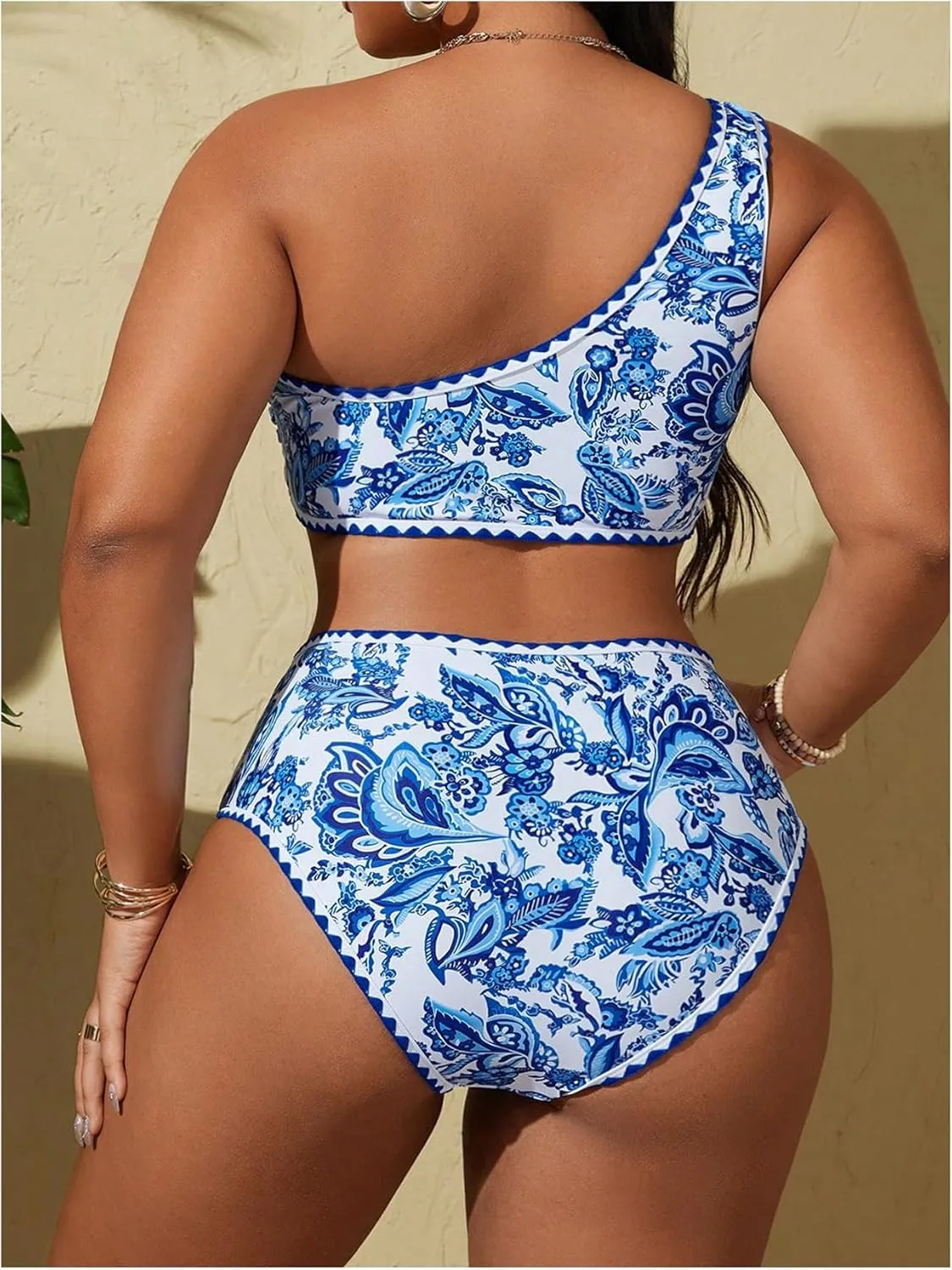 MakeMeChic Women's Plus Size 2 Piece Bikini Sets Floral Print One Shoulder High Waist Swimsuit Bathing Suit