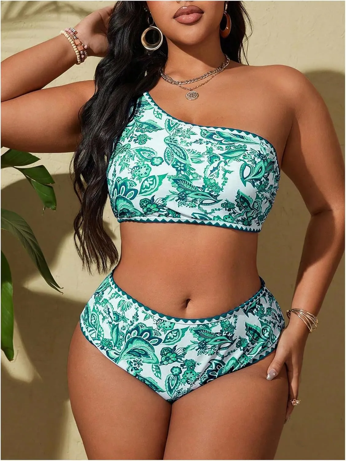MakeMeChic Women's Plus Size 2 Piece Bikini Sets Floral Print One Shoulder High Waist Swimsuit Bathing Suit