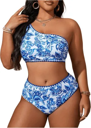 MakeMeChic Women's Plus Size 2 Piece Bikini Sets Floral Print One Shoulder High Waist Swimsuit Bathing Suit