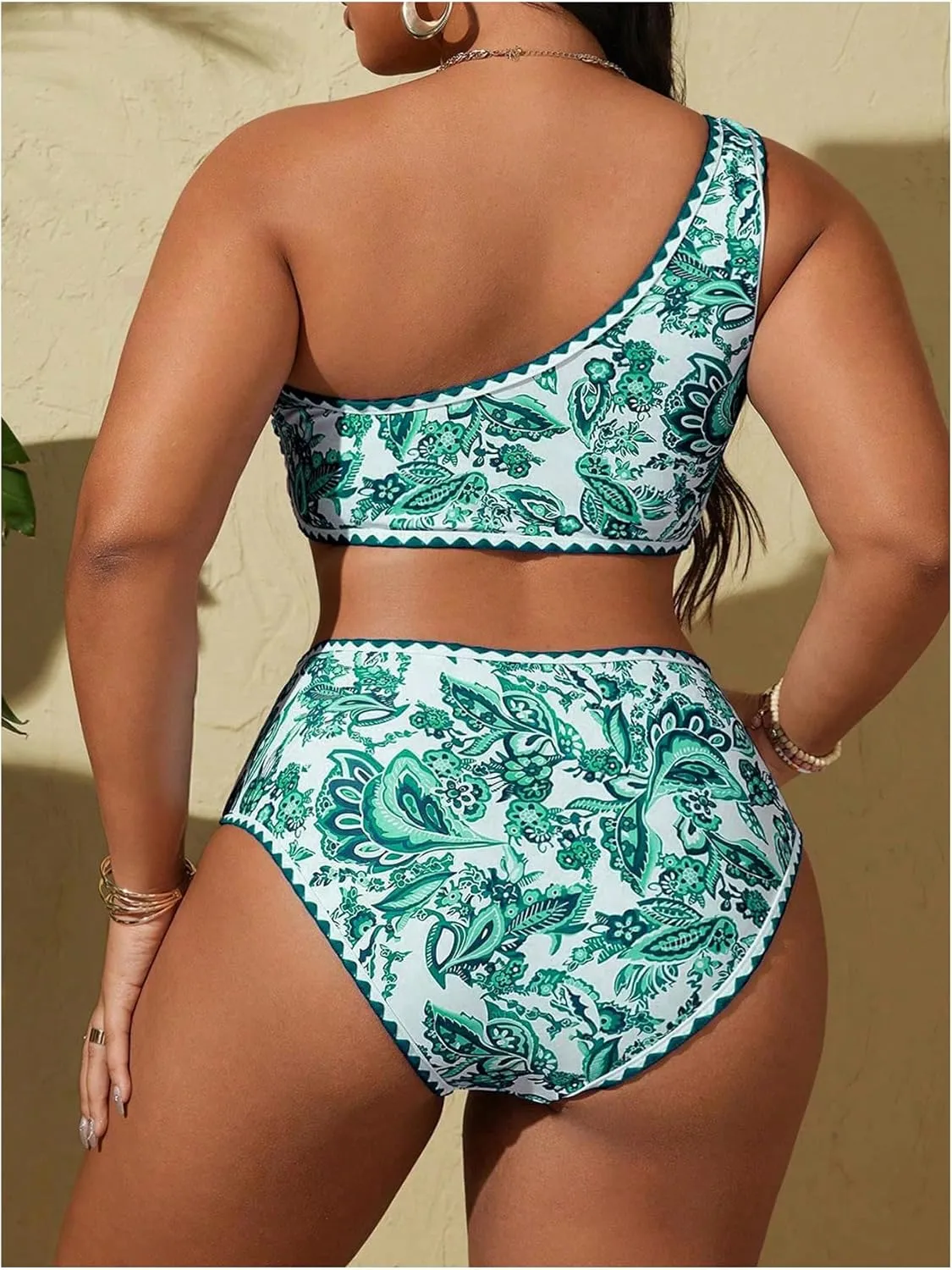 MakeMeChic Women's Plus Size 2 Piece Bikini Sets Floral Print One Shoulder High Waist Swimsuit Bathing Suit