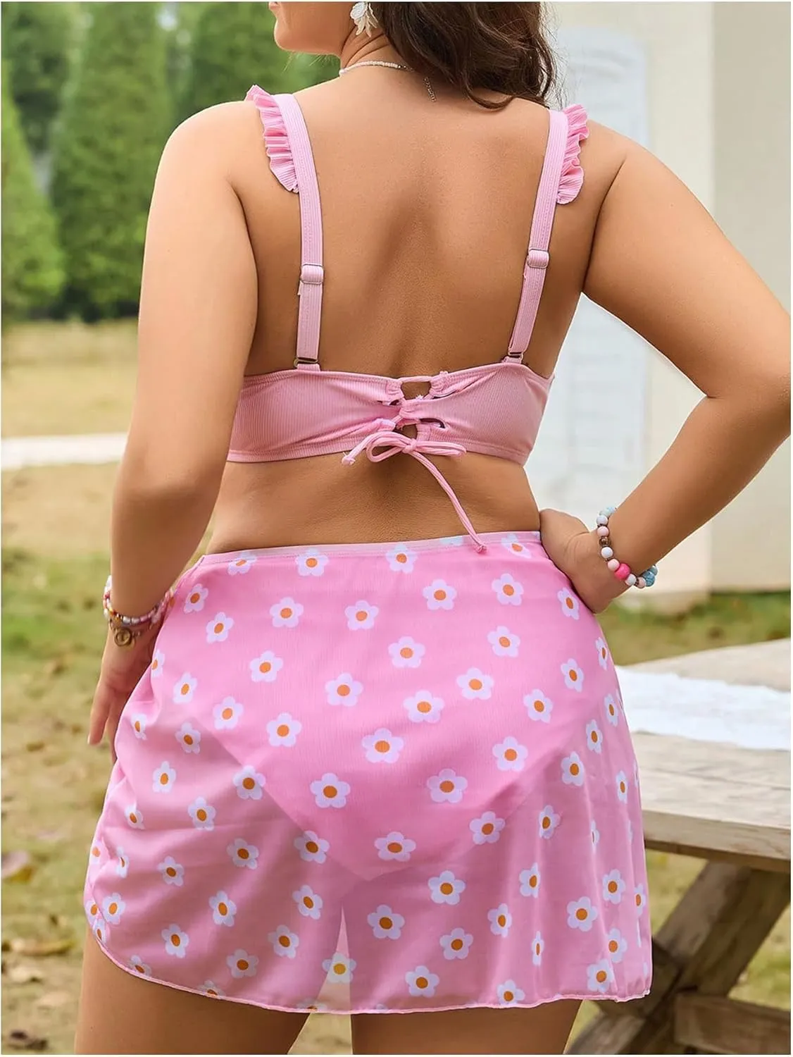 MakeMeChic Women's Plus Size 3 Piece Bikini Set Tie Front Ruffle Rib Knit Bathing Suit with Floral Cover Up Skirt