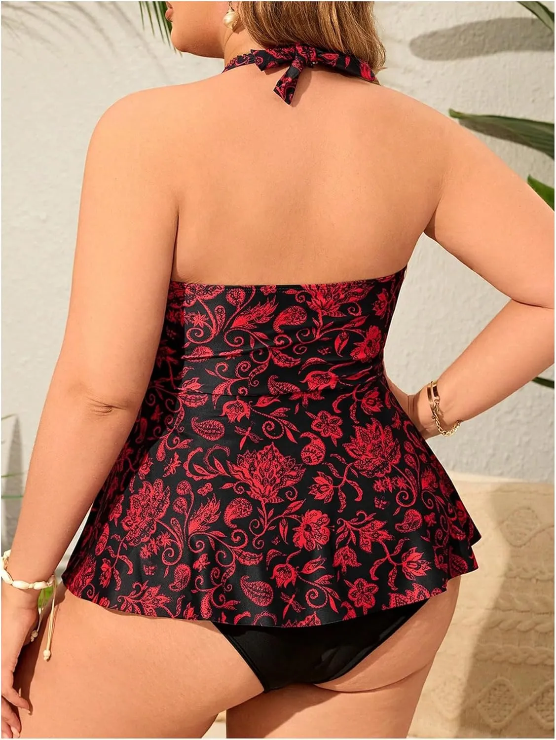 MakeMeChic Women's Plus Size Floral Tankini Sets 2 Piece High Waist Halter Boho Tankini Swimsuits