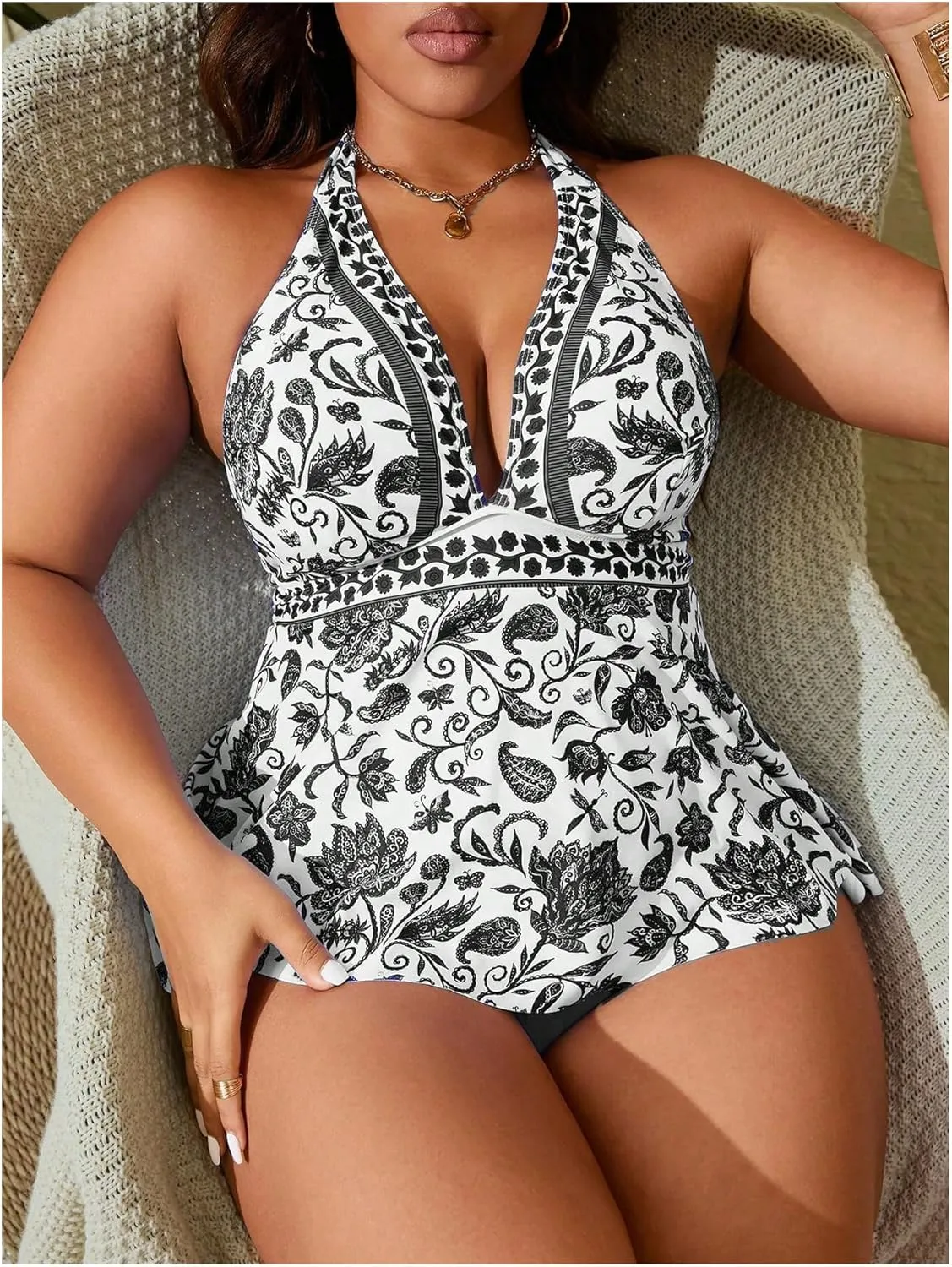 MakeMeChic Women's Plus Size Floral Tankini Sets 2 Piece High Waist Halter Boho Tankini Swimsuits