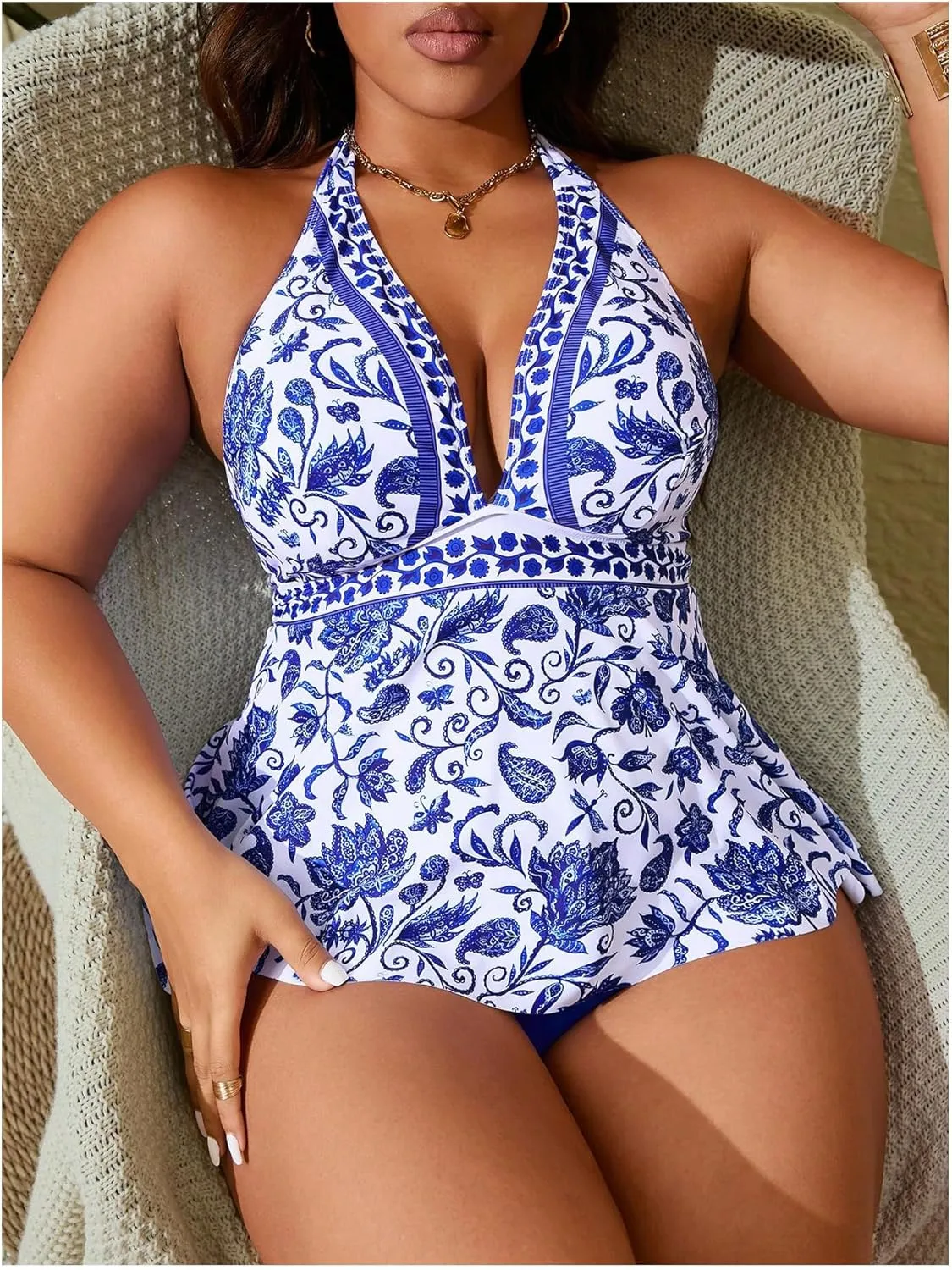 MakeMeChic Women's Plus Size Floral Tankini Sets 2 Piece High Waist Halter Boho Tankini Swimsuits