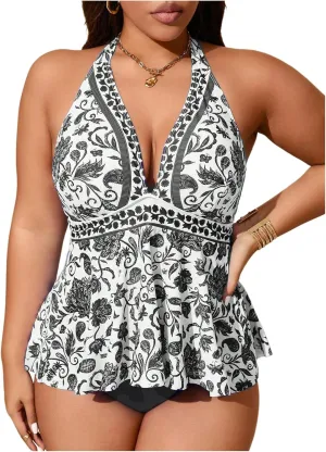 MakeMeChic Women's Plus Size Floral Tankini Sets 2 Piece High Waist Halter Boho Tankini Swimsuits