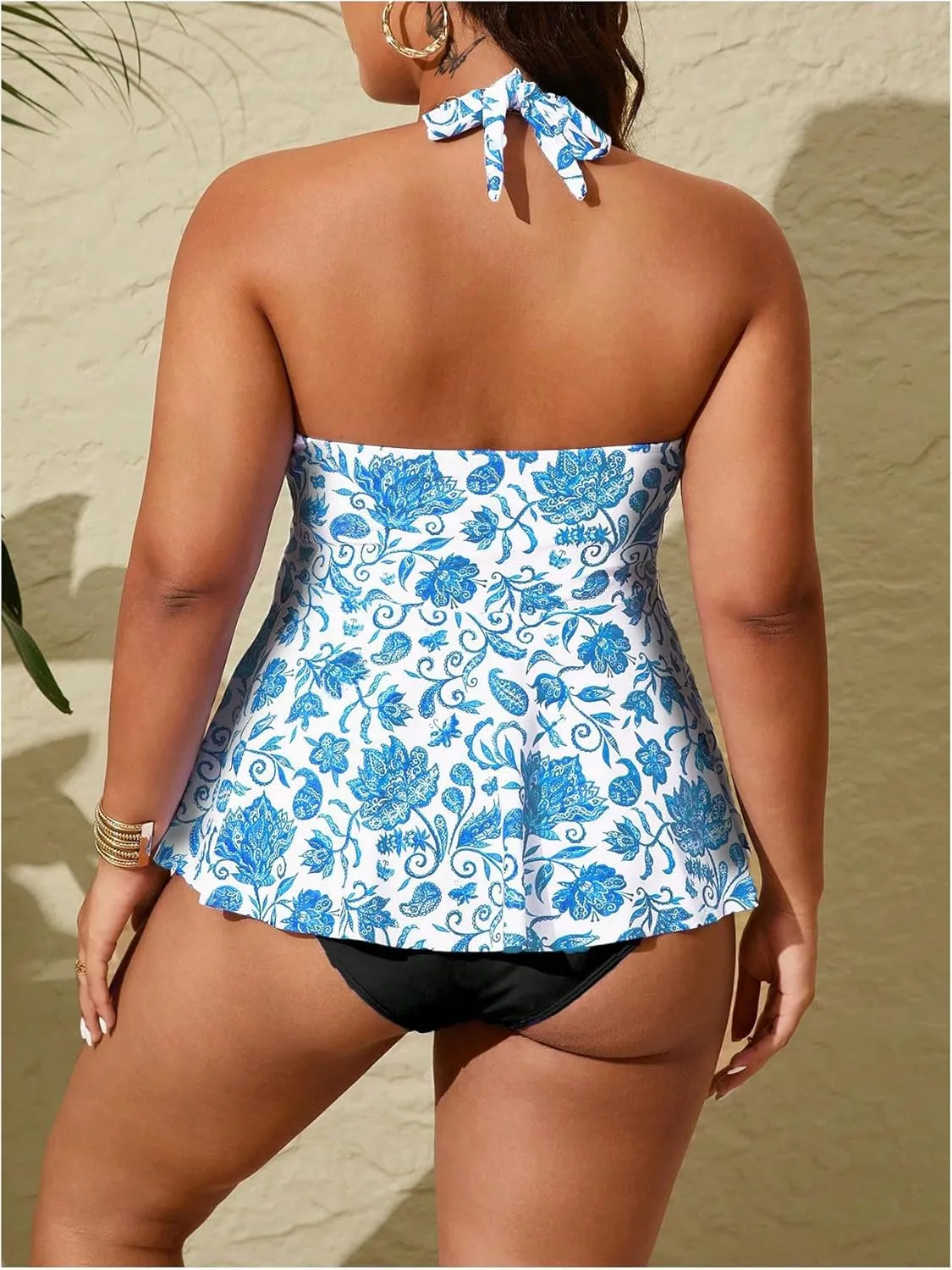 MakeMeChic Women's Plus Size Floral Tankini Sets 2 Piece High Waist Halter Boho Tankini Swimsuits