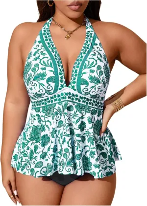 MakeMeChic Women's Plus Size Floral Tankini Sets 2 Piece High Waist Halter Boho Tankini Swimsuits
