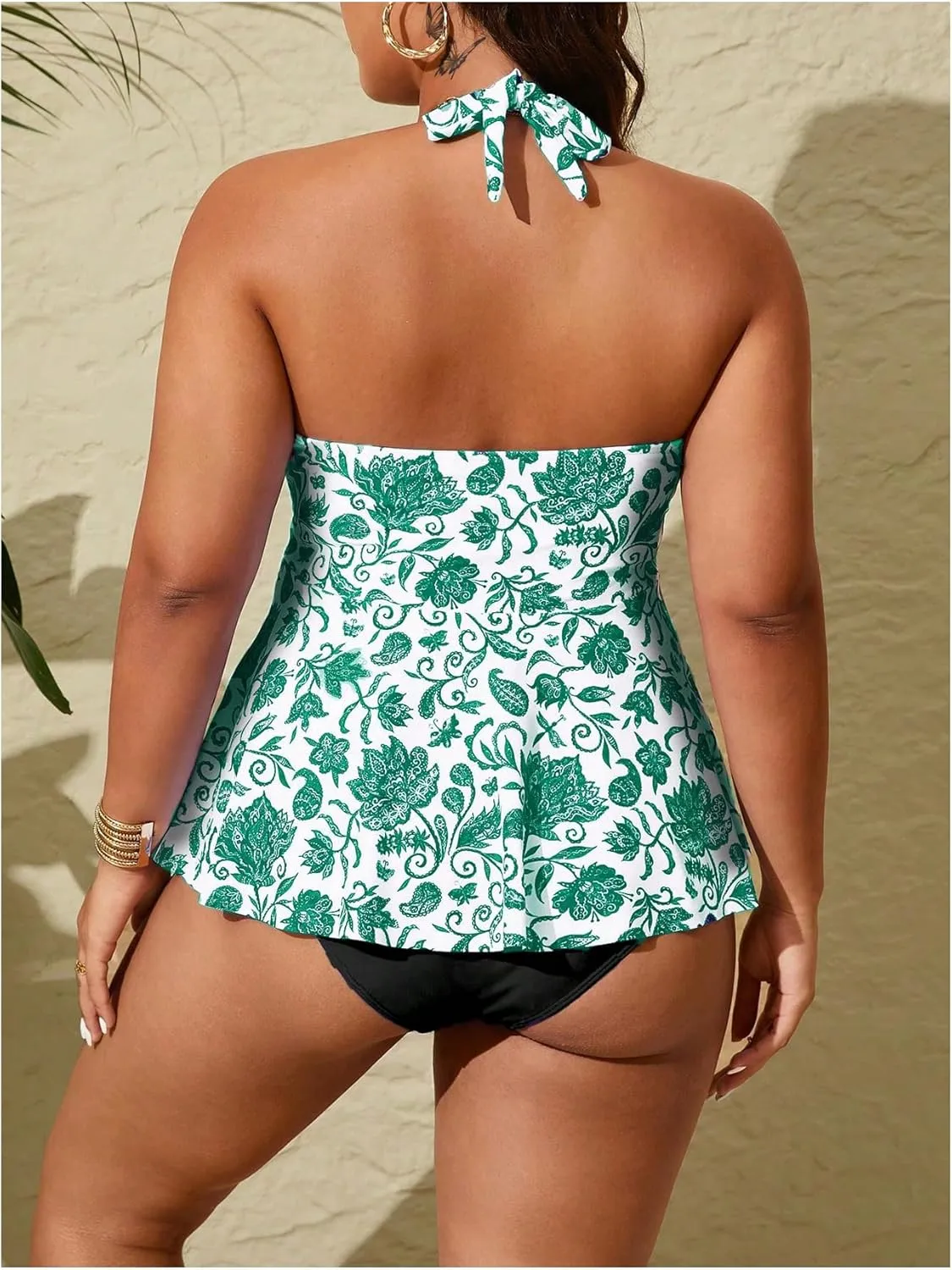 MakeMeChic Women's Plus Size Floral Tankini Sets 2 Piece High Waist Halter Boho Tankini Swimsuits