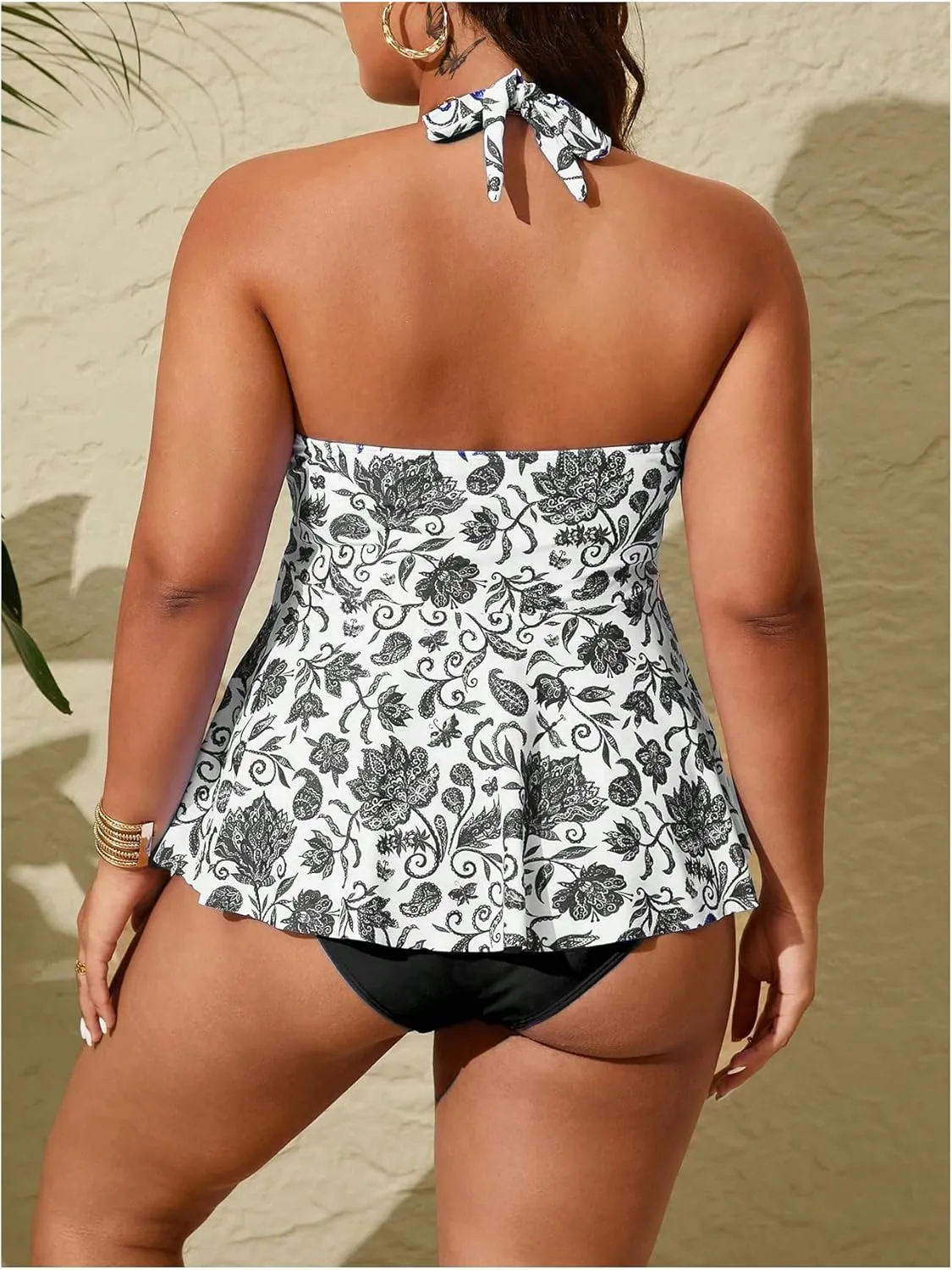 MakeMeChic Women's Plus Size Floral Tankini Sets 2 Piece High Waist Halter Boho Tankini Swimsuits