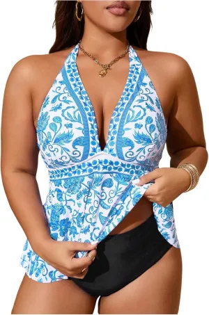 MakeMeChic Women's Plus Size Floral Tankini Sets 2 Piece High Waist Halter Boho Tankini Swimsuits