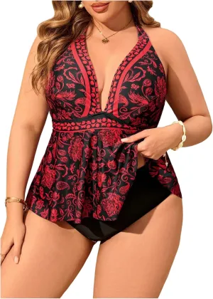 MakeMeChic Women's Plus Size Floral Tankini Sets 2 Piece High Waist Halter Boho Tankini Swimsuits