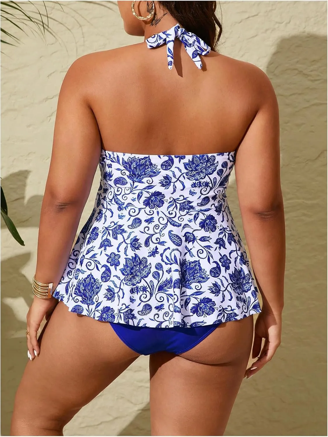 MakeMeChic Women's Plus Size Floral Tankini Sets 2 Piece High Waist Halter Boho Tankini Swimsuits