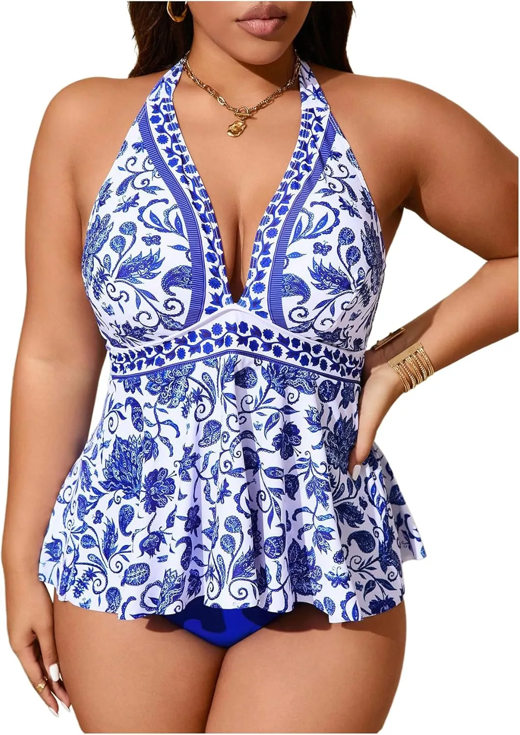 MakeMeChic Women's Plus Size Floral Tankini Sets 2 Piece High Waist Halter Boho Tankini Swimsuits