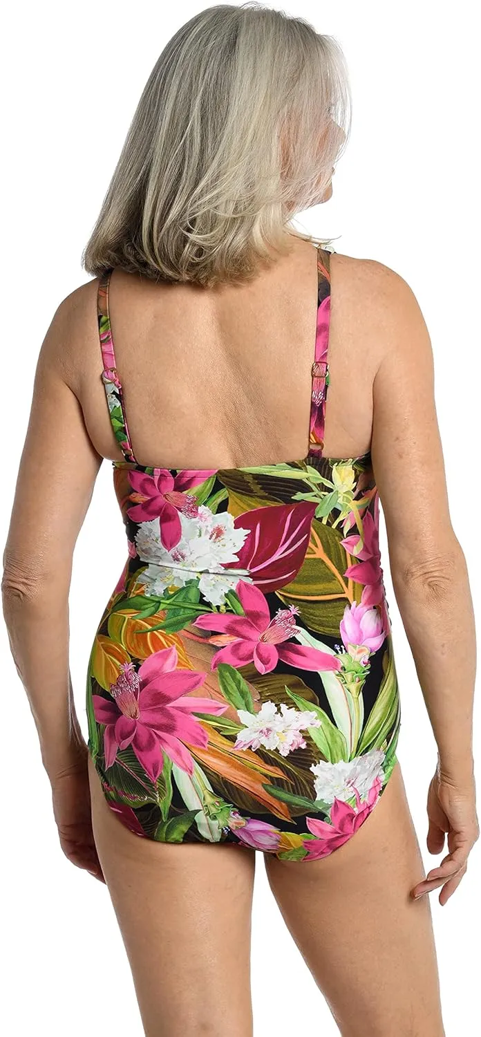 Maxine Of Hollywood Women's V-Neck Twist Front Shirred One Piece Swimsuit