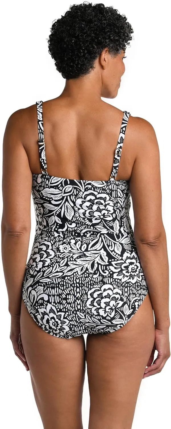 Maxine Of Hollywood Women's V-Neck Twist Front Shirred One Piece Swimsuit