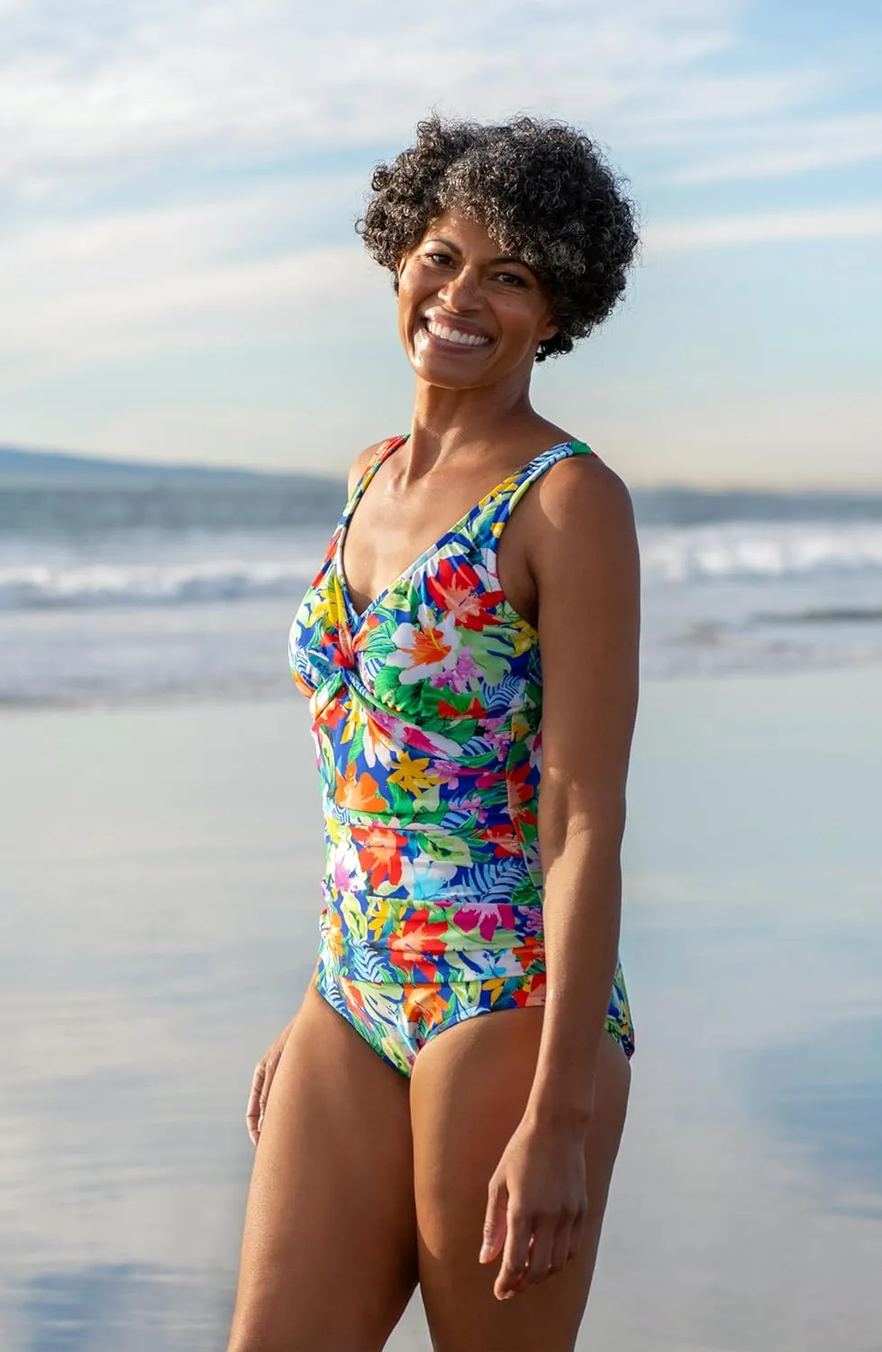 Maxine Of Hollywood Women's V-Neck Twist Front Shirred One Piece Swimsuit