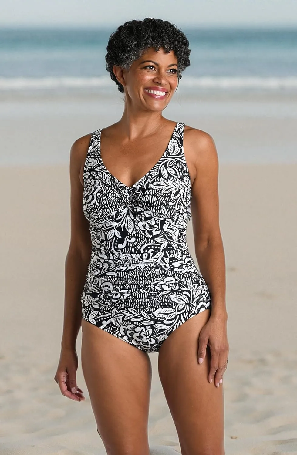 Maxine Of Hollywood Women's V-Neck Twist Front Shirred One Piece Swimsuit