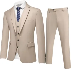 Mens 3-Piece Slim Fit Suit Set - One-Button Tuxedo, Ideal for Weddings and Business, Includes Jacket, Vest, Pants, Tie