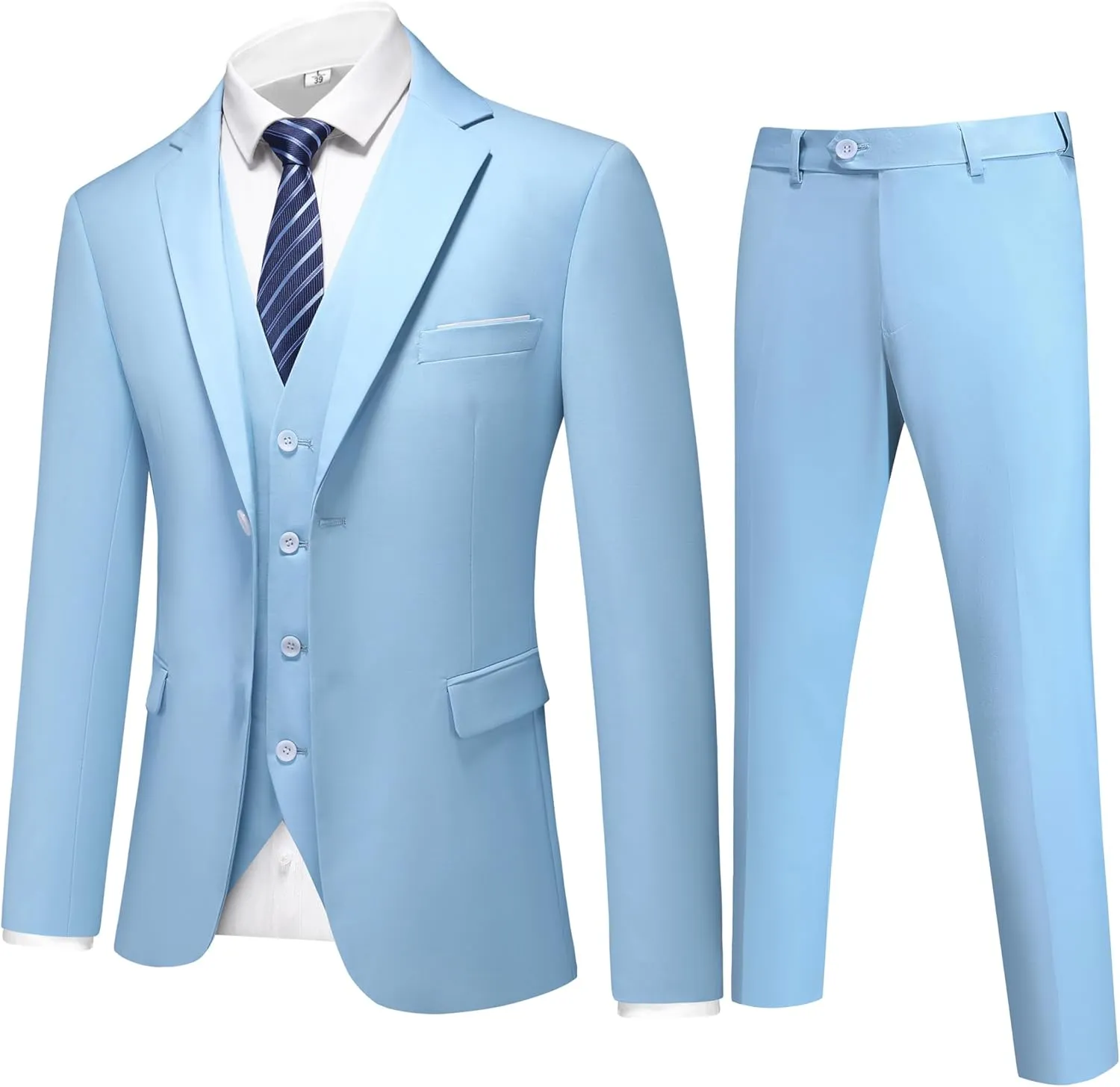 Mens 3-Piece Slim Fit Suit Set - One-Button Tuxedo, Ideal for Weddings and Business, Includes Jacket, Vest, Pants, Tie
