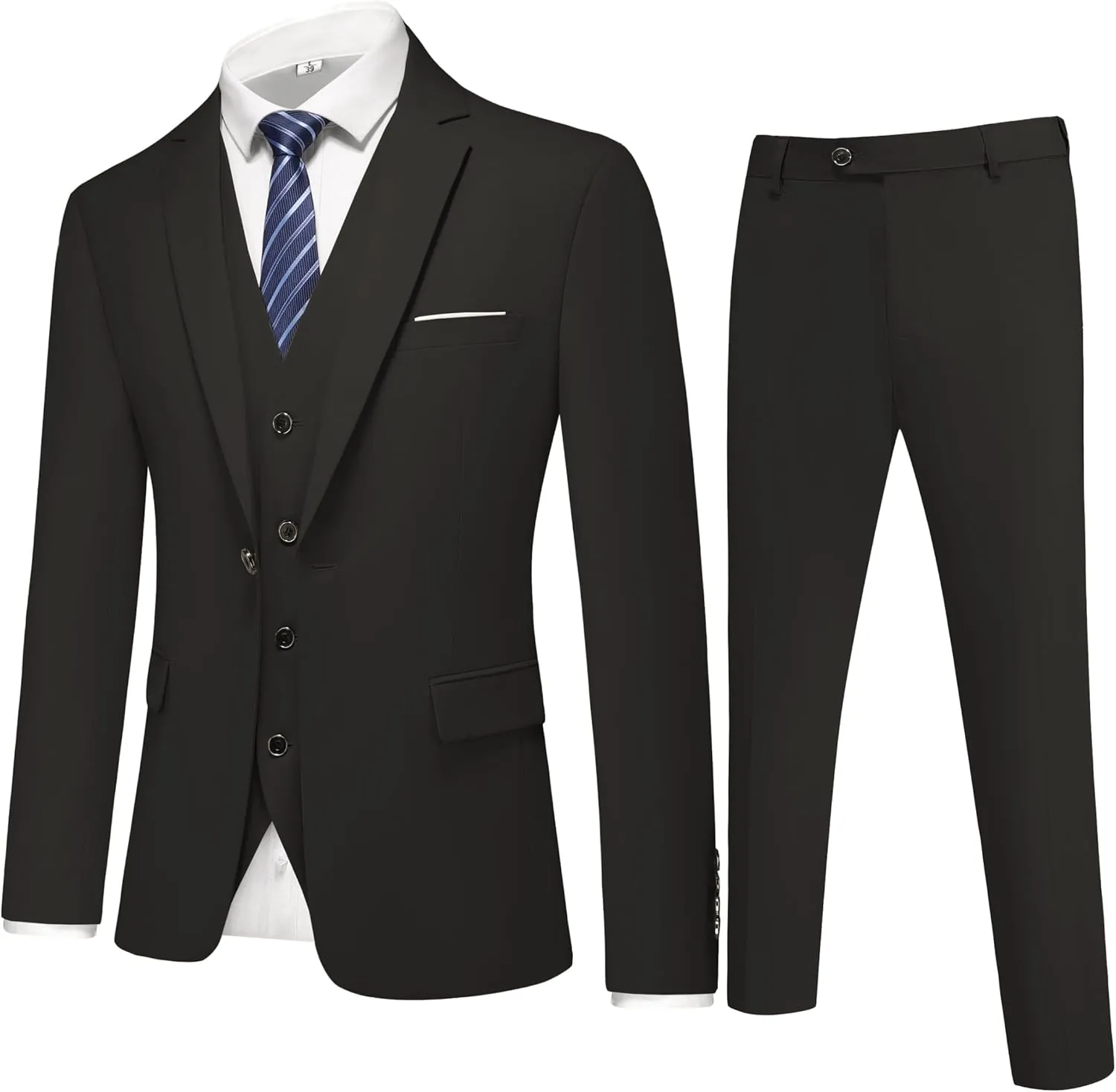 Mens 3-Piece Slim Fit Suit Set - One-Button Tuxedo, Ideal for Weddings and Business, Includes Jacket, Vest, Pants, Tie