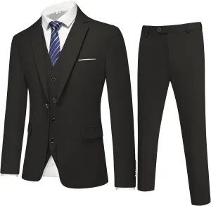Mens 3-Piece Slim Fit Suit Set - One-Button Tuxedo, Ideal for Weddings and Business, Includes Jacket, Vest, Pants, Tie