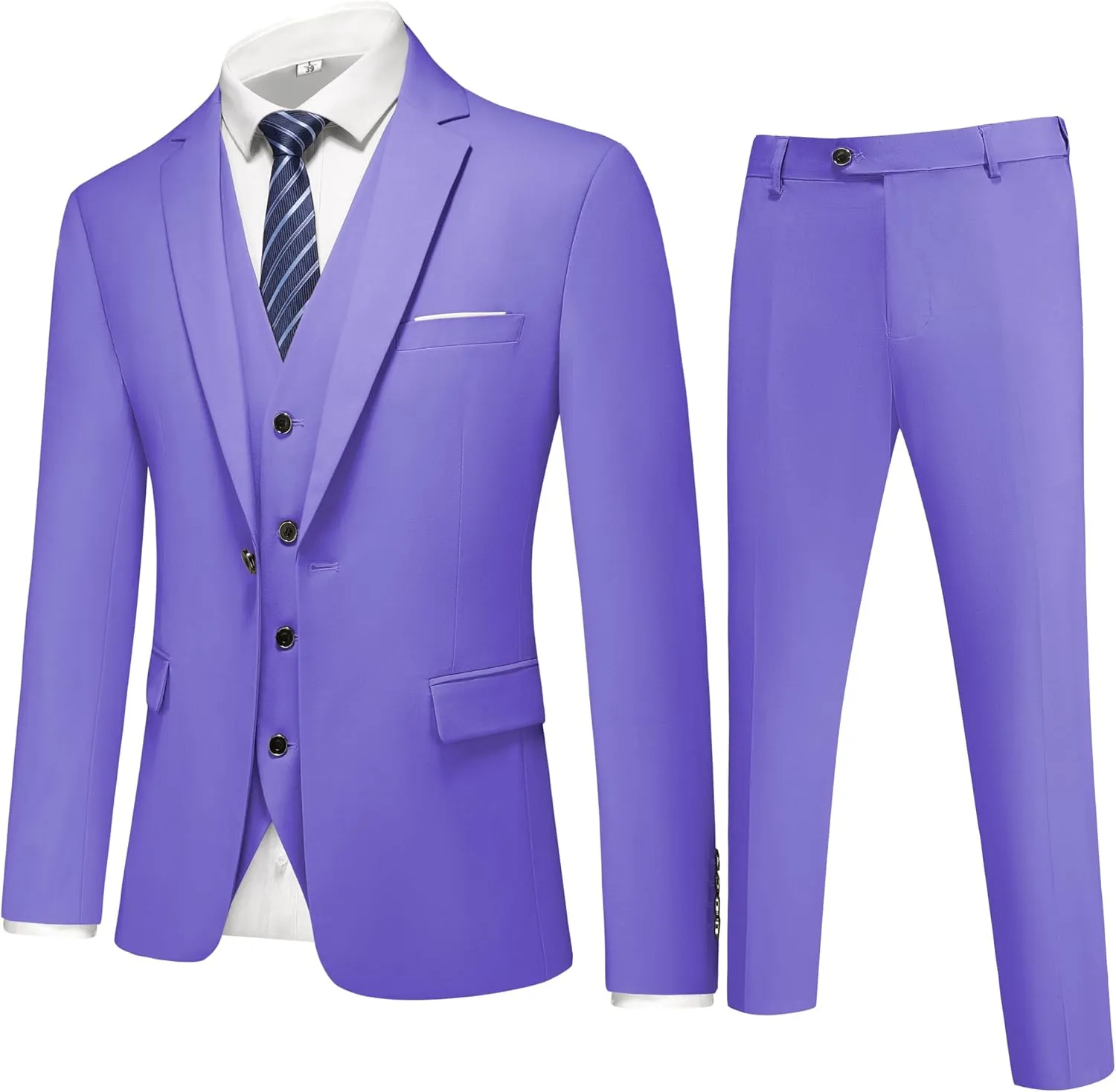 Mens 3-Piece Slim Fit Suit Set - One-Button Tuxedo, Ideal for Weddings and Business, Includes Jacket, Vest, Pants, Tie