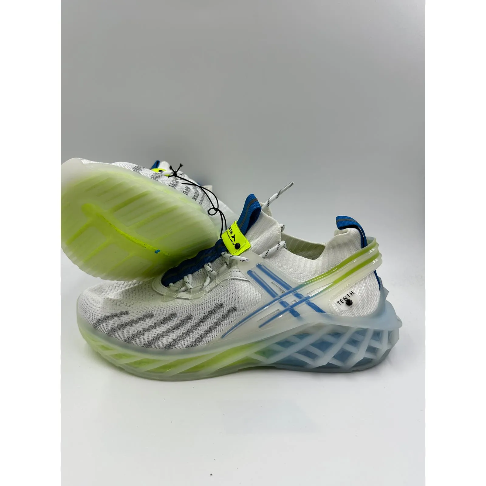 Men's Size 11, Knit Top Casual Slip-on Sneaker, White w/ Blue & Green Accents
