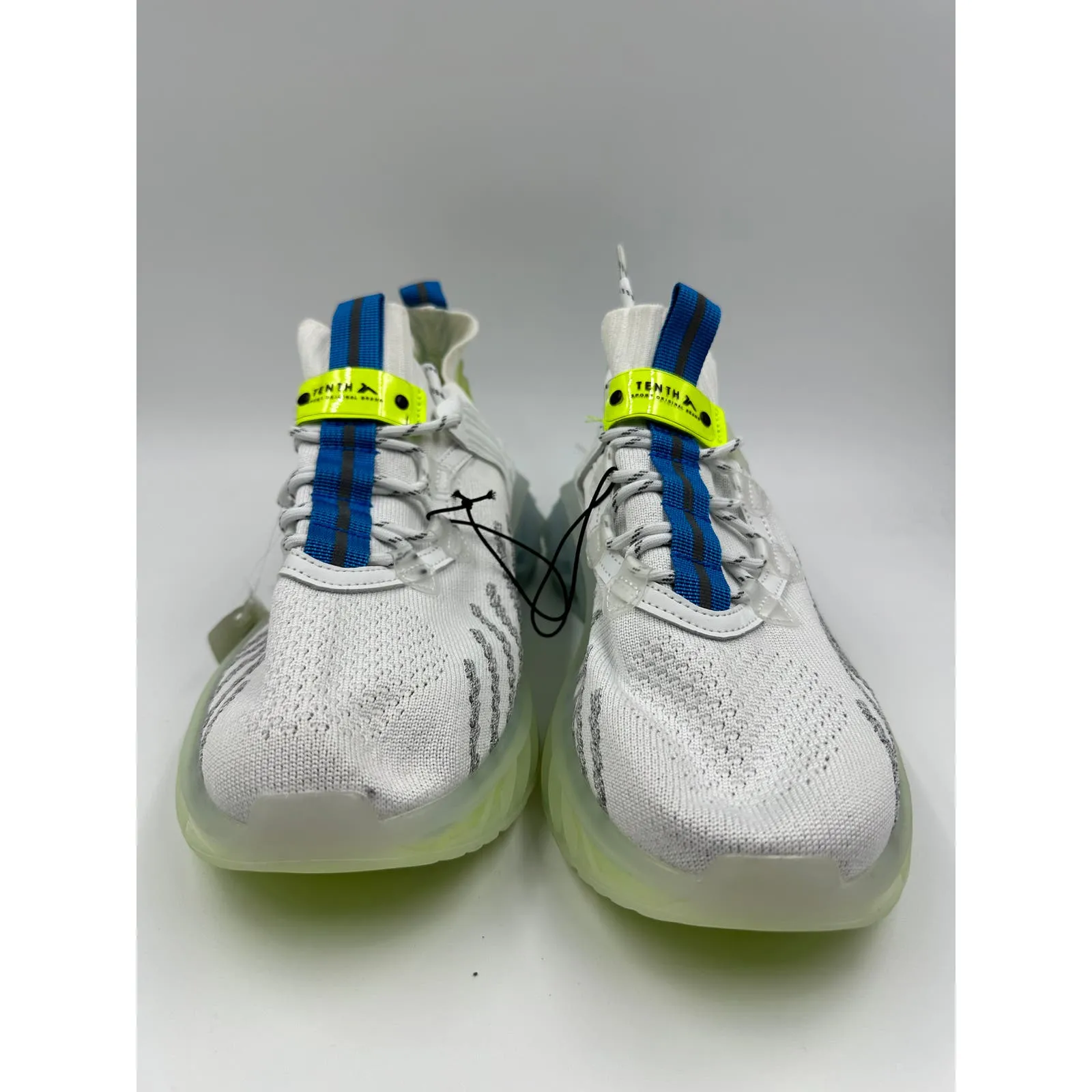 Men's Size 11, Knit Top Casual Slip-on Sneaker, White w/ Blue & Green Accents