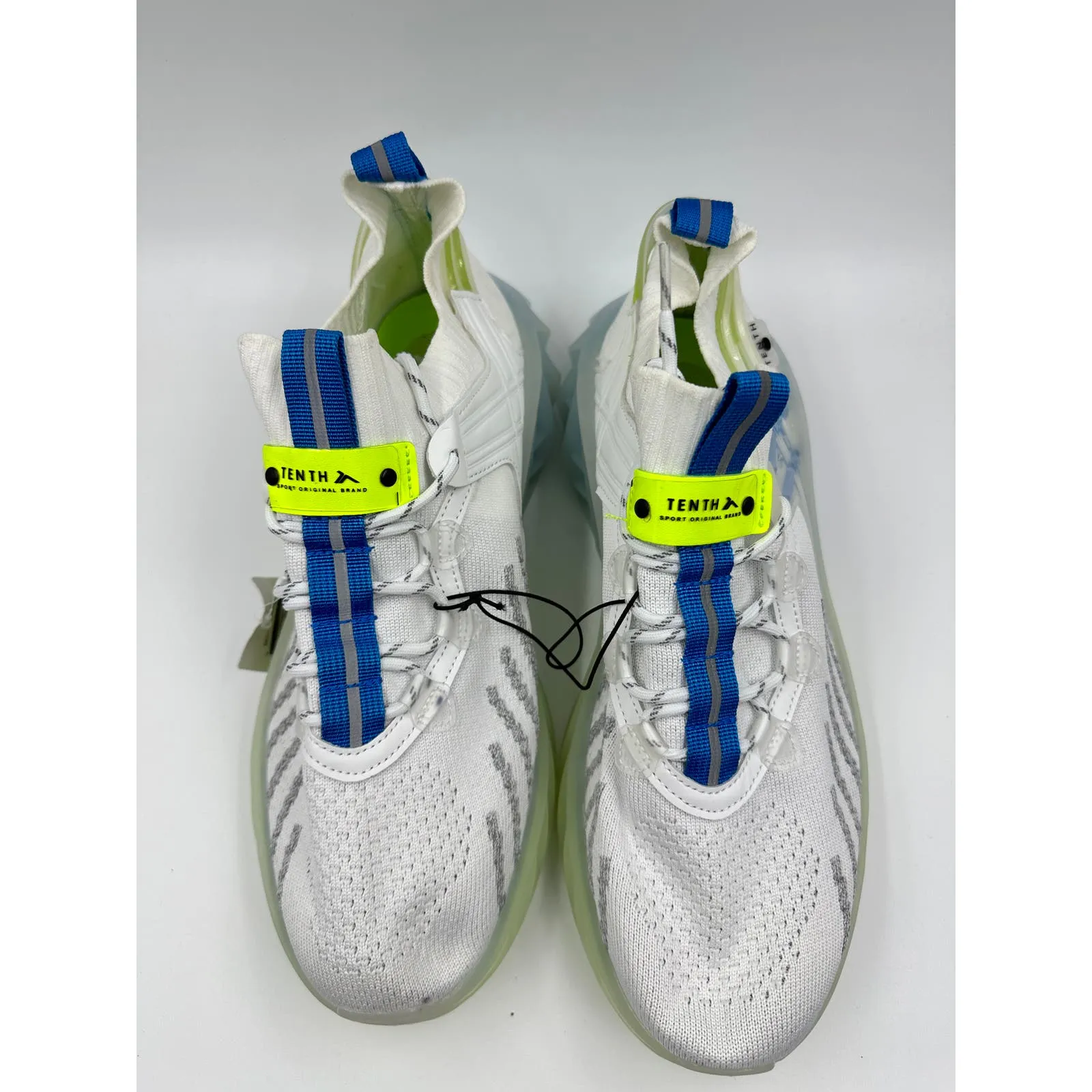 Men's Size 11, Knit Top Casual Slip-on Sneaker, White w/ Blue & Green Accents