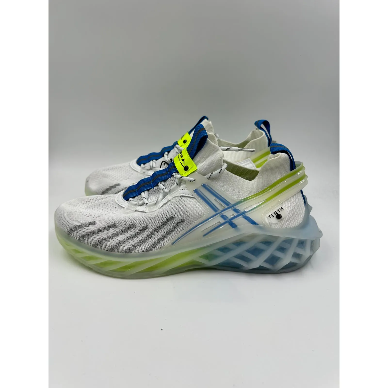 Men's Size 11, Knit Top Casual Slip-on Sneaker, White w/ Blue & Green Accents