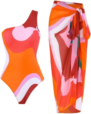 ODASDO Women One Piece Swimsuit with Beach Cover Ups Wrap Skirt Sarong Retro Floral Print Bathing Suit Vacation Beachwear