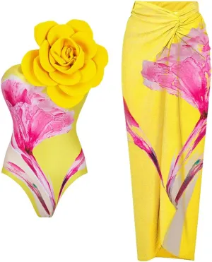 ODASDO Women One Piece Swimsuit with Beach Cover Ups Wrap Skirt Sarong Retro Floral Print Bathing Suit Vacation Beachwear