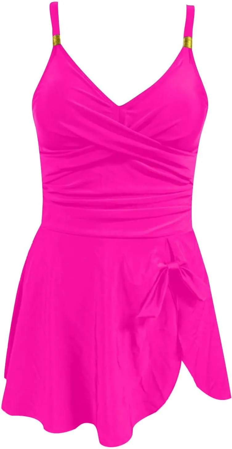 One Piece Swimsuit Women Tummy Control V-Neck Ruched Modest Bathing Suits Vacation Beachwear Breathable Swimdress