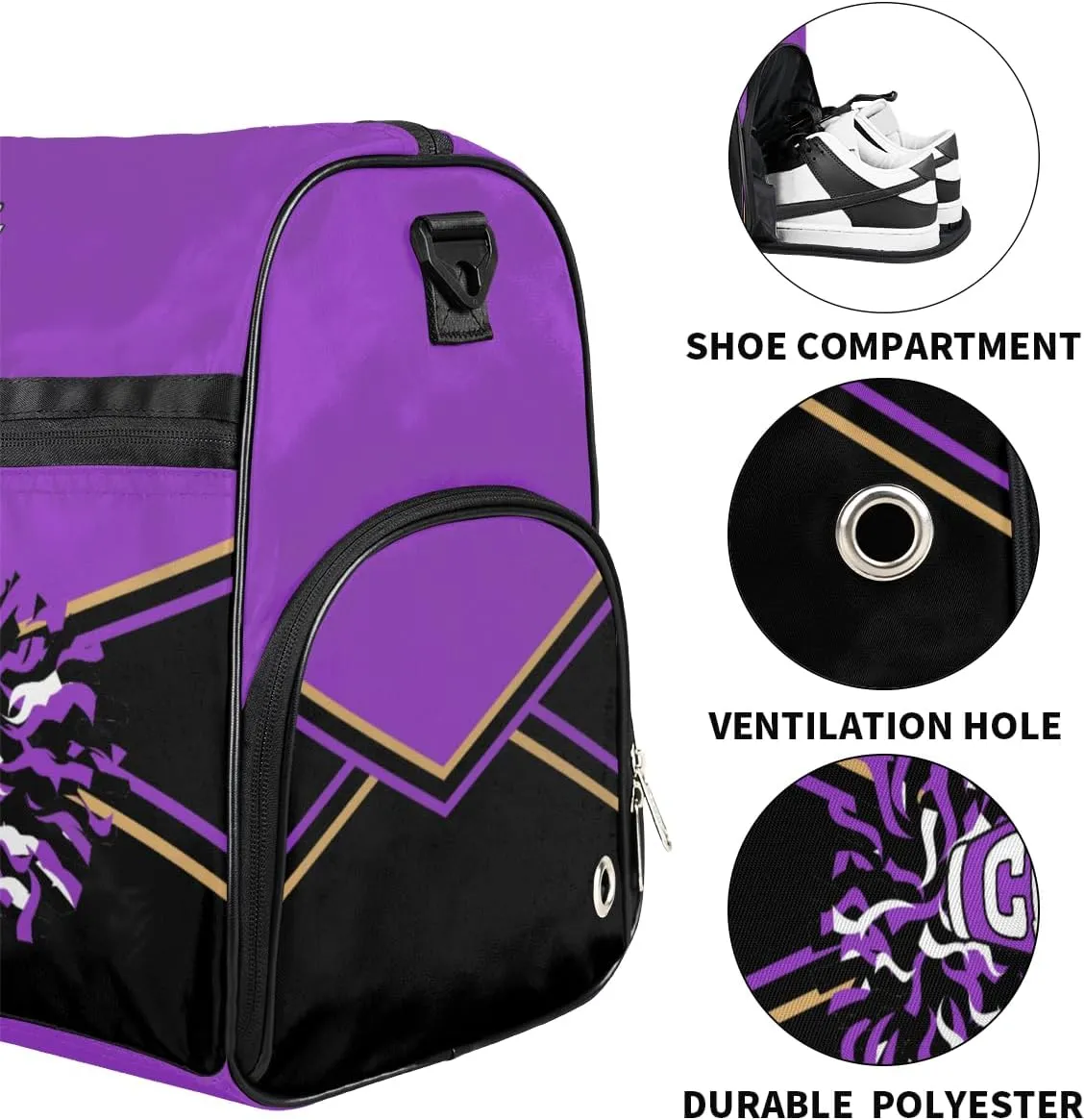 Personalized Cheerleader Bag Dance Bag for Girls, Custom Gym Bag Sport Duffel Bag with Shoes Compartment Waterproof Purple