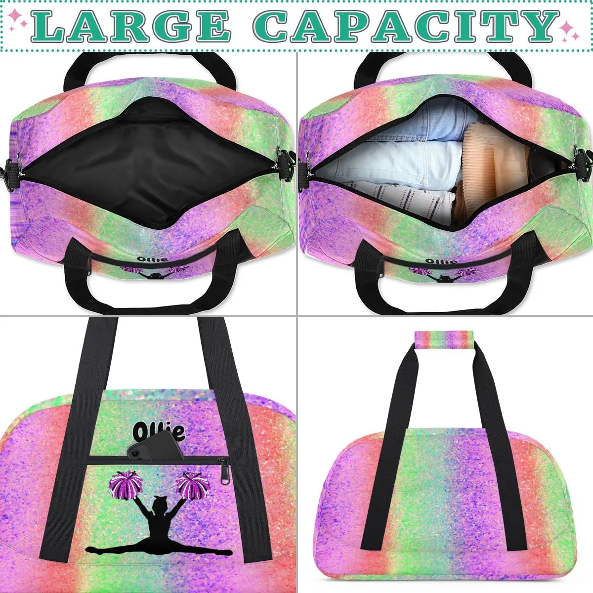 Personalized Dance Bag Cheerleading Bag for Girl, Custom Sport Duffel Cheer Bag Weekender Bags Travel Duffel Gym Bag Bright Glitters Pink Green
