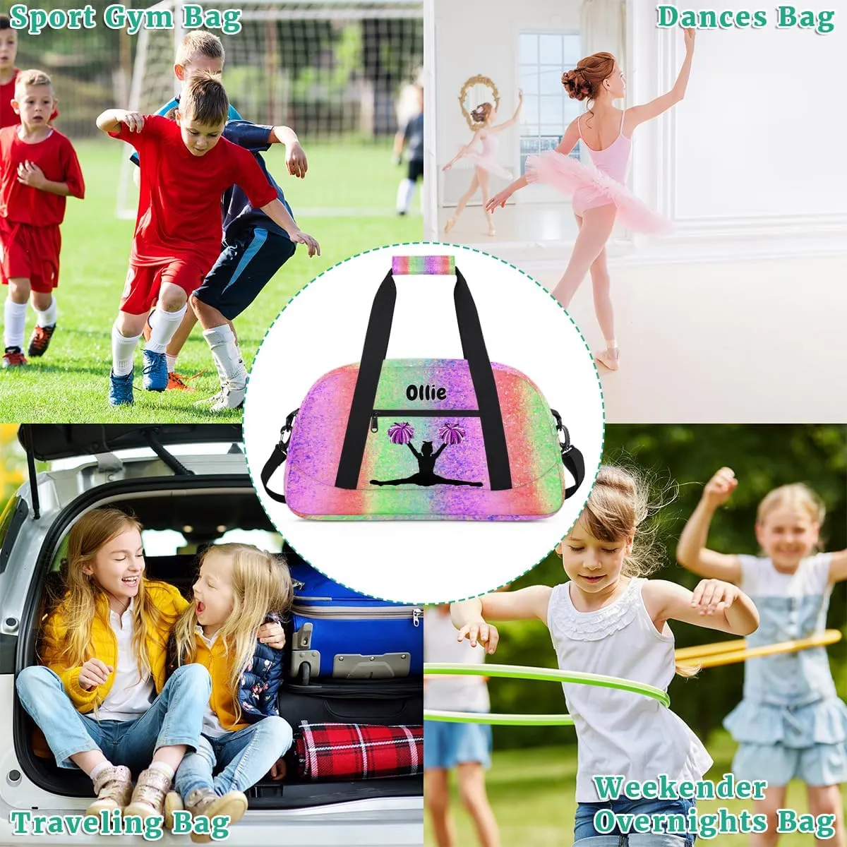 Personalized Dance Bag Cheerleading Bag for Girl, Custom Sport Duffel Cheer Bag Weekender Bags Travel Duffel Gym Bag Bright Glitters Pink Green