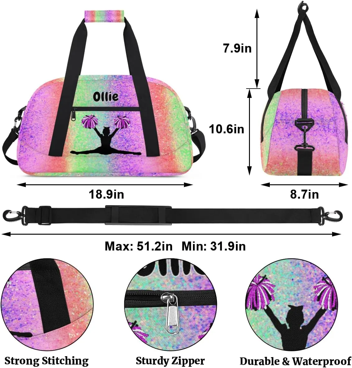 Personalized Dance Bag Cheerleading Bag for Girl, Custom Sport Duffel Cheer Bag Weekender Bags Travel Duffel Gym Bag Bright Glitters Pink Green