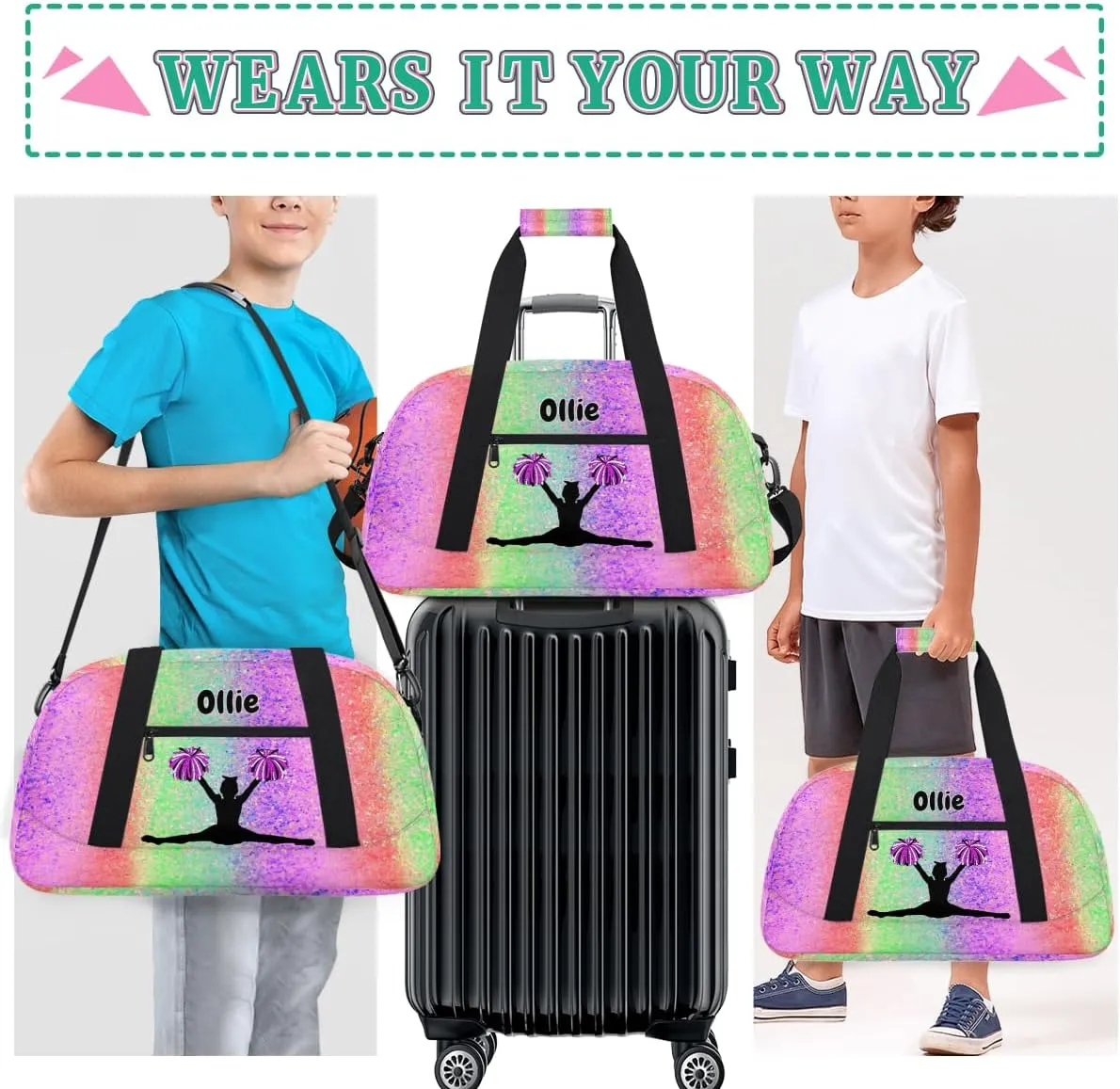 Personalized Dance Bag Cheerleading Bag for Girl, Custom Sport Duffel Cheer Bag Weekender Bags Travel Duffel Gym Bag Bright Glitters Pink Green