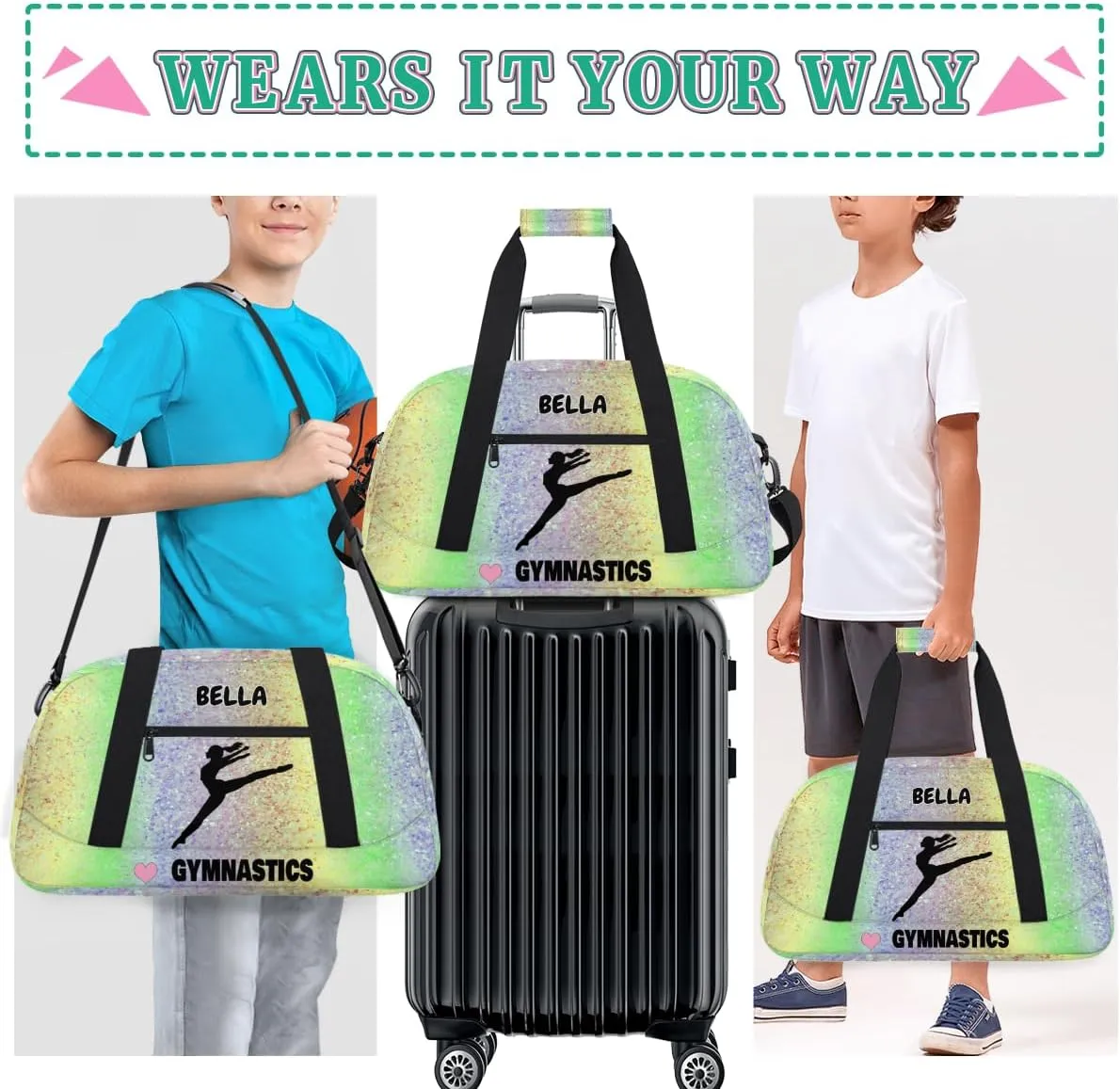 Personalized Gym Dance Bag Girls, Custom Name Sport Ballerina Fitness Duffle Love Gymnastics Bag Travel Weekender Lightweight Bags, Colorful Glitters Sequins Yellow Green