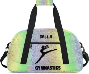 Personalized Gym Dance Bag Girls, Custom Name Sport Ballerina Fitness Duffle Love Gymnastics Bag Travel Weekender Lightweight Bags, Colorful Glitters Sequins Yellow Green