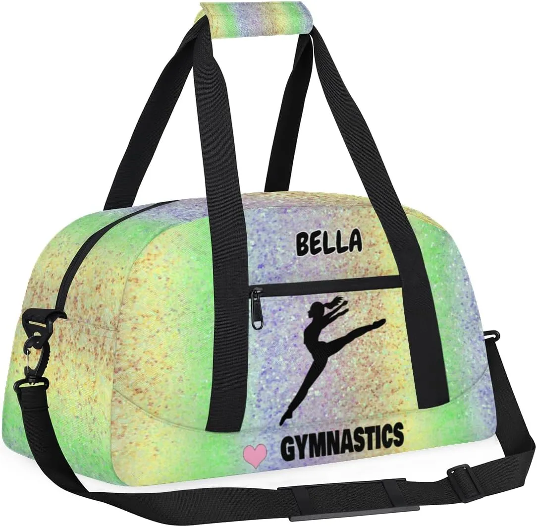 Personalized Gym Dance Bag Girls, Custom Name Sport Ballerina Fitness Duffle Love Gymnastics Bag Travel Weekender Lightweight Bags, Colorful Glitters Sequins Yellow Green