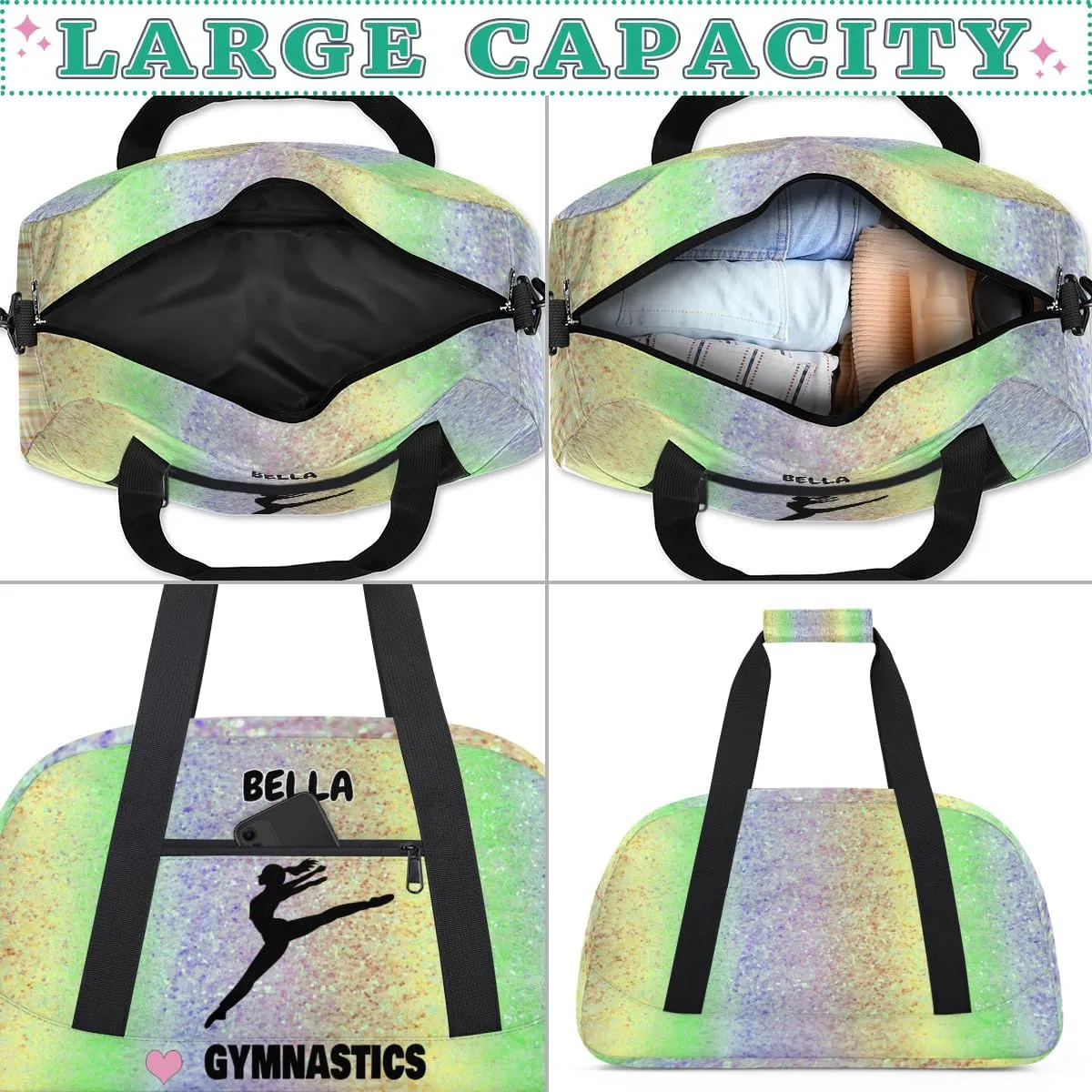 Personalized Gym Dance Bag Girls, Custom Name Sport Ballerina Fitness Duffle Love Gymnastics Bag Travel Weekender Lightweight Bags, Colorful Glitters Sequins Yellow Green
