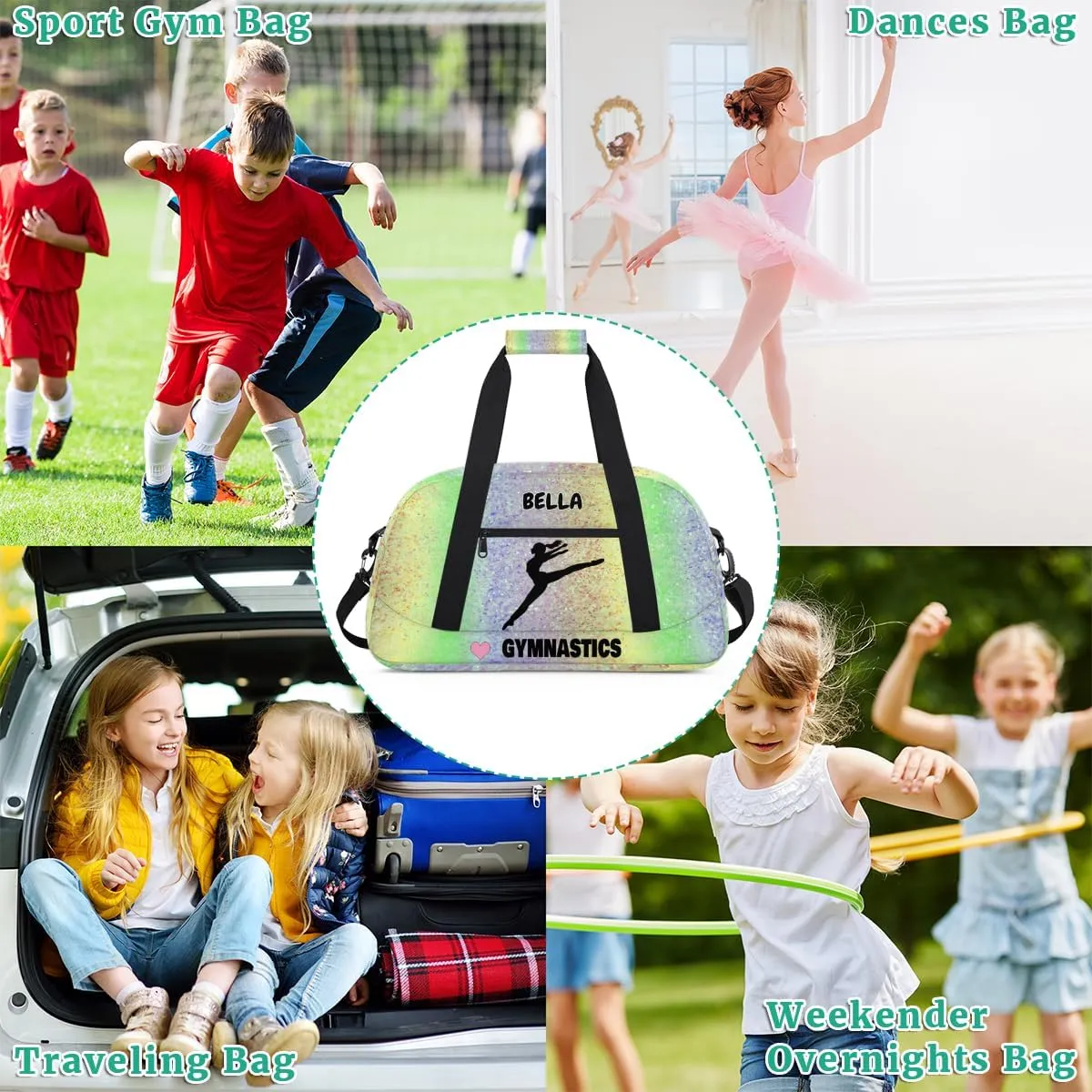 Personalized Gym Dance Bag Girls, Custom Name Sport Ballerina Fitness Duffle Love Gymnastics Bag Travel Weekender Lightweight Bags, Colorful Glitters Sequins Yellow Green
